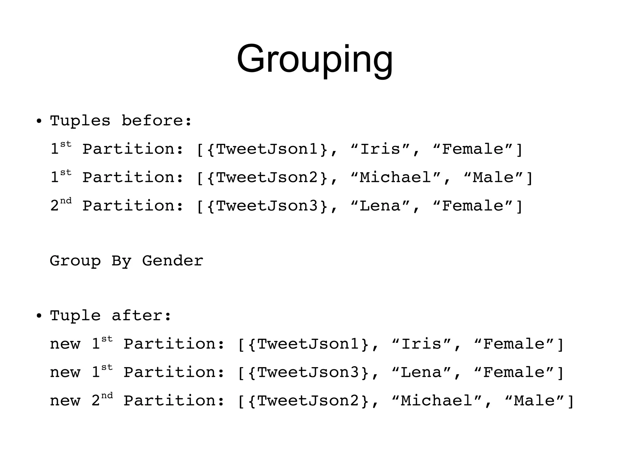 Grouping
● Tuples before: 
1st
 Partition: [{TweetJson1}, “Iris”, “Female”]
1st
 Partition: [{TweetJson2}, “Michael”, “Male”]
2nd
 Partition: [{TweetJson3}, “Lena”, “Female”]
Group By Gender
● Tuple after: 
new 1st
 Partition: [{TweetJson1}, “Iris”, “Female”]
new 1st
 Partition: [{TweetJson3}, “Lena”, “Female”]
new 2nd
 Partition: [{TweetJson2}, “Michael”, “Male”]
 