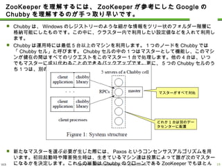 ULS Copyright © 2013 UL Systems, Inc. All rights reserved.
ZooKeeperを理解するには、ZooKeeperが参考にしたGoogleのChubbyを
理解するのが手っ取り早いです。
 Chubbyは、Windowsのレジストリーのような細かな情報をツリー状のフォルダー階層に格納可能
にしたものです。この中に、クラスター内で利用したい設定値などを入れて利用します。
 Chubbyは運用時には最低5台以上のマシンを利用します。１つのノードをChubbyでは「Chubbyセ
ル」と呼びます。Chubbyセルの中の１つはマスターとして機能し、このマシンが健在の間はすべて
のリクエストをこのマスター1台で処理します。他の4台は、いつでもマスターに成り代わることので
きるバックアップです。更に、5つのChubbyセルのうち1つは、別のデータセンターに置く運用をされ
ています。
 新たなマスターを選ぶ必要が生じた際には、Paxosというコンセンサスアルゴリズムを用います。初
回起動時や障害発生時は、生きているマシン達は投票によって誰が次のマスターになるかを決定
します。これらの挙動はChubbyのクローンであるZooKeeperでもほとんど同じです。
マスターがすべて対処
どれか1台は別のデー
タセンターに配置
18
 