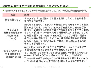 ULS Copyright © 2013 UL Systems, Inc. All rights reserved.
Stormにおけるデータの処理保証(トランザクション)
 Stormの大きな特徴の1つはデータの処理保証です。以下の3つの方式から選択出来ます。
20
方式 説明
何も保証しない
データがすべて処理されたか否かを気にしなくても良い場合に使用
する方式です。
各タプルを
最低1回処理する
(more than
once)
ack/failを使用し、各タプルが最低1回は処理されることを保証す
る方式です。StormはSpoutから投入したTupleがトポロジー全体
を通して処理されたか否かをトラッキングします。もしもトポロジーの
一部の処理で問題が発生した場合、もしくは時間が経ってもTuple
のackが返ってこない場合、再度そのTupleを処理します。そのた
め、複数回処理される可能性はあるものの、すべてのTupleが最
低1回処理されるように作ることが可能です。
各タプルをカッチリ
1回処理する
(exactly once)
more than onceのセマンティクスでは、word countにて単語を
数えすぎてしまうような挙動をしてしまいます。Stormではmore
than onceを更に押し進めたexactly onceセマンティクスもサ
ポートしています。このためにはTransactional Topologyもしくは
Tridentを用います。なお、TridentはStorm上で作られたDSLの
ような存在です。
 