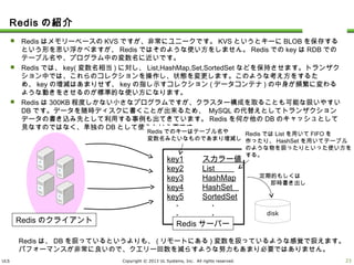 ULS Copyright © 2013 UL Systems, Inc. All rights reserved.
Redisの紹介
 RedisはメモリーベースのKVSですが、非常にユニークです。KVSというとキーにBLOBを保存するという形を思い
浮かべますが、Redisではそのような使い方をしません。RedisでのkeyはRDBでのテーブル名や、プログラム中の
変数名に近いです。
 Redisでは、key(変数名相当)に対し、List,HashMap,Set,SortedSetなどを保持させます。トランザクション中では、
これらのコレクションを操作し、状態を変更します。このような考え方をするため、keyの増減はあまりせず、keyの
指し示すコレクション(データコンテナ)の中身が頻繁に変わるような動きをさせるのが標準的な使い方になります。
 Redisは300KB程度しかない小さなプログラムですが、クラスター構成を取ることも可能な扱いやすいDBです。
データを随時ディスクに書くことが出来るため、 MySQLの代替えとしてトランザクションデータの書き込み先として
利用する事例も出てきています。Redisを何か他のDBのキャッシュとして見なすのではなく、単独のDBとして使う
という事です。
22
key1 スカラー値
key2 List
key3 HashMap
key4 HashSet
key5 SortedSet
・ ・
・ ・ disk
定期的もしくは
即時書き出し
Redisでのキーはテーブル名や
変数名みたいなものであまり増減しない
RedisではListを用いてFIFOを
作ったり、HashSetを用いてテーブル
のような物を扱ったりといった使い方を
する。
Redisのクライアント
Redisは、DBを扱っているというよりも、(リモートにある)変数を扱っているような感覚で扱えます。
パフォーマンスが非常に良いので、クエリー回数を減らすような努力もあまり必要ではありません。
Redisサーバー
 