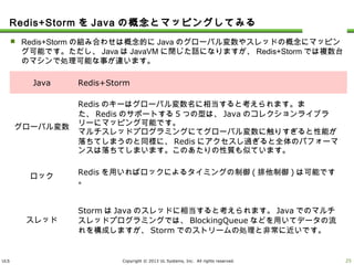 ULS Copyright © 2013 UL Systems, Inc. All rights reserved.
Redis+StormをJavaの概念とマッピングしてみる
 Redis+Stormの組み合わせは概念的にJavaのグローバル変数やスレッドの概念にマッピング可能
です。ただし、JavaはJavaVMに閉じた話になりますが、Redis+Stormでは複数台のマシンで処理
可能な事が違います。
24
Java Redis+Storm
グローバル変数
Redisのキーはグローバル変数名に相当すると考えられます。また、Redisのサ
ポートする5つの型は、Javaのコレクションライブラリーにマッピング可能です。
マルチスレッドプログラミングにてグローバル変数に触りすぎると性能が落ちてし
まうのと同様に、Redisにアクセスし過ぎると全体のパフォーマンスは落ちてしま
います。このあたりの性質も似ています。
ロック Redisを用いればロックによるタイミングの制御(排他制御)は可能です。
スレッド
StormはJavaのスレッドに相当すると考えられます。Javaでのマルチスレッドプ
ログラミングでは、BlockingQueueなどを用いてデータの流れを構成しますが、
Stormでのストリームの処理と非常に近いです。
 