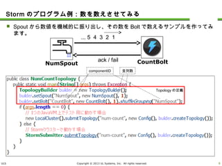 ULS Copyright © 2013 UL Systems, Inc. All rights reserved.
Stormのプログラム例：数を数えさせてみる
 Spoutから数値を機械的に振り出し、その数をBoltで数えるサンプルを作ってみます。
7
NumSpout CountBoltack / fail
... 5 4 3 2 1
Topologyの定義
componentID 並列数
 