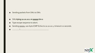 ■ Sending packets from SW2 to SW1
■ SW2#ping 10.10.10.1 re 99999 tim 0
■ Type escape sequence to abort.
■ Sending 99999, 100-byte ICMP Echos to 10.10.10.1, timeout is 0 seconds:
■ ..............!.......................................................
 