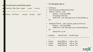 ■ SW1#sh storm-control f0/23 unicast
■ Interface Filter State Upper Lower Current
■ --------- ------------- ----------- ----------- ----------
■ Fa0/23 Link Down 100 pps 100 pps 0 pps
• SW1#sh spann vlan 10
• VLAN0010
• Spanning tree enabled protocol ieee
• Root ID Priority 4106
• Address 0023.0467.6880
• This bridge is the root
• HelloTime 2 sec Max Age 20 sec Forward Delay 15
sec
• Bridge ID Priority 4106 (priority 4096 sys-id-ext 10)
• Address 0023.0467.6880
• HelloTime 2 sec Max Age 20 sec Forward Delay 15
sec
• AgingTime 15 sec
• Interface Role Sts Cost Prio.NbrType
• ------------------- ---- --- --------- -------- -----------------------------
---
• Fa0/19 Desg FWD 19 128.21 P2p
• Fa0/20 Desg FWD 19 128.22 P2p
• Fa0/24 Desg FWD 19 128.26 P2p
 