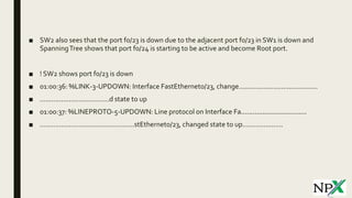 ■ SW2 also sees that the port f0/23 is down due to the adjacent port f0/23 in SW1 is down and
SpanningTree shows that port f0/24 is starting to be active and become Root port.
■ ! SW2 shows port f0/23 is down
■ 01:00:36: %LINK-3-UPDOWN: Interface FastEthernet0/23, change.........................................
■ ....................................d state to up
■ 01:00:37: %LINEPROTO-5-UPDOWN: Line protocol on Interface Fa..................................
■ .................................................stEthernet0/23, changed state to up.....................
 