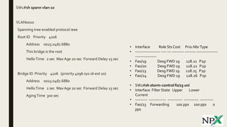 ■ SW1#sh spann vlan 10
■ VLAN0010
■ Spanning tree enabled protocol ieee
■ Root ID Priority 4106
■ Address 0023.0467.6880
■ This bridge is the root
■ HelloTime 2 sec MaxAge 20 sec Forward Delay 15 sec
■ Bridge ID Priority 4106 (priority 4096 sys-id-ext 10)
■ Address 0023.0467.6880
■ HelloTime 2 sec MaxAge 20 sec Forward Delay 15 sec
■ AgingTime 300 sec
• Interface Role Sts Cost Prio.NbrType
• ------------------- ---- --- --------- -------- ----------------
----------------
• Fa0/19 Desg FWD 19 128.21 P2p
• Fa0/20 Desg FWD 19 128.22 P2p
• Fa0/23 Desg FWD 19 128.25 P2p
• Fa0/24 Desg FWD 19 128.26 P2p
• SW1#sh storm-control f0/23 uni
• Interface Filter State Upper Lower
Current
• --------- ------------- ----------- ----------- ----------
• Fa0/23 Forwarding 100 pps 100 pps 0
pps
 
