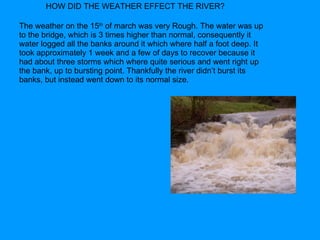 The weather on the 15 th  of march was very Rough. The water was up to the bridge, which is 3 times higher than normal, consequently it water logged all the banks around it which where half a foot deep. It took approximately 1 week and a few of days to recover because it had about three storms which where quite serious and went right up the bank, up to bursting point. Thankfully the river didn’t burst its banks, but instead went down to its normal size. HOW DID THE WEATHER EFFECT THE RIVER? 