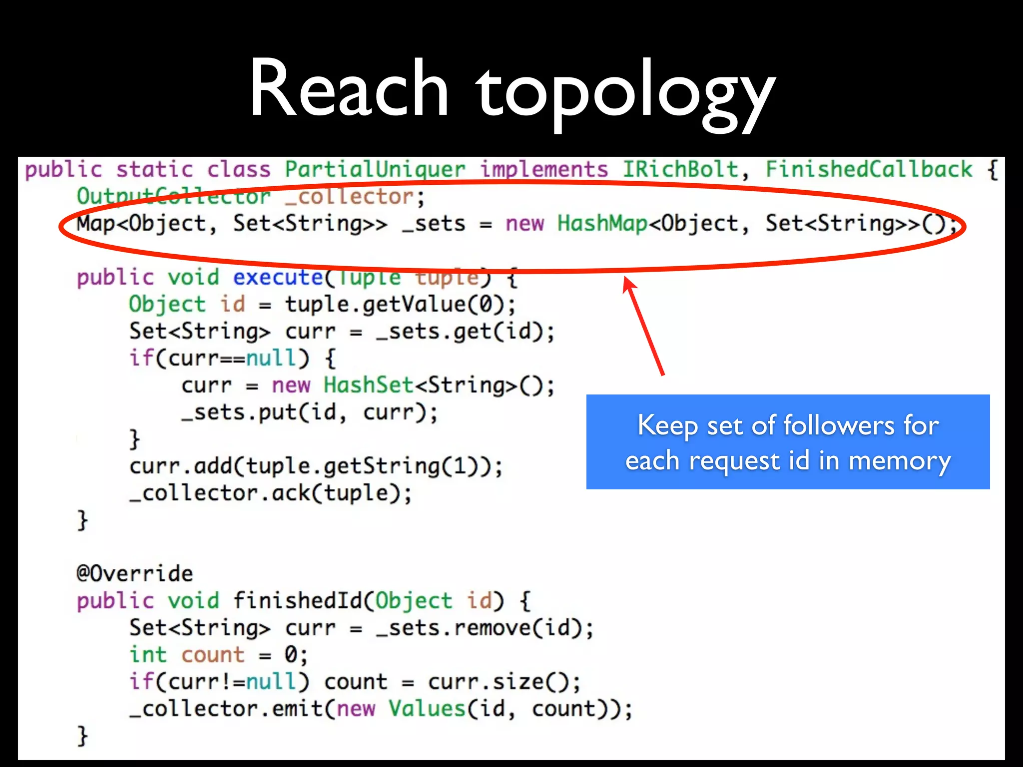 Reach topology
Keep set of followers for
each request id in memory
 