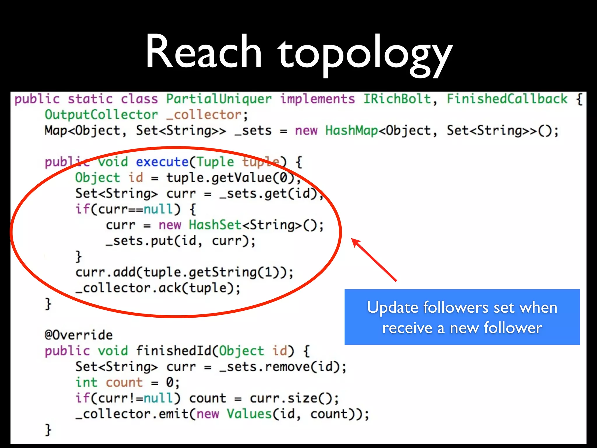 Reach topology
Update followers set when
receive a new follower
 