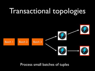 Batch 1 Batch 2 Batch 3
Transactional topologies
Process small batches of tuples
 