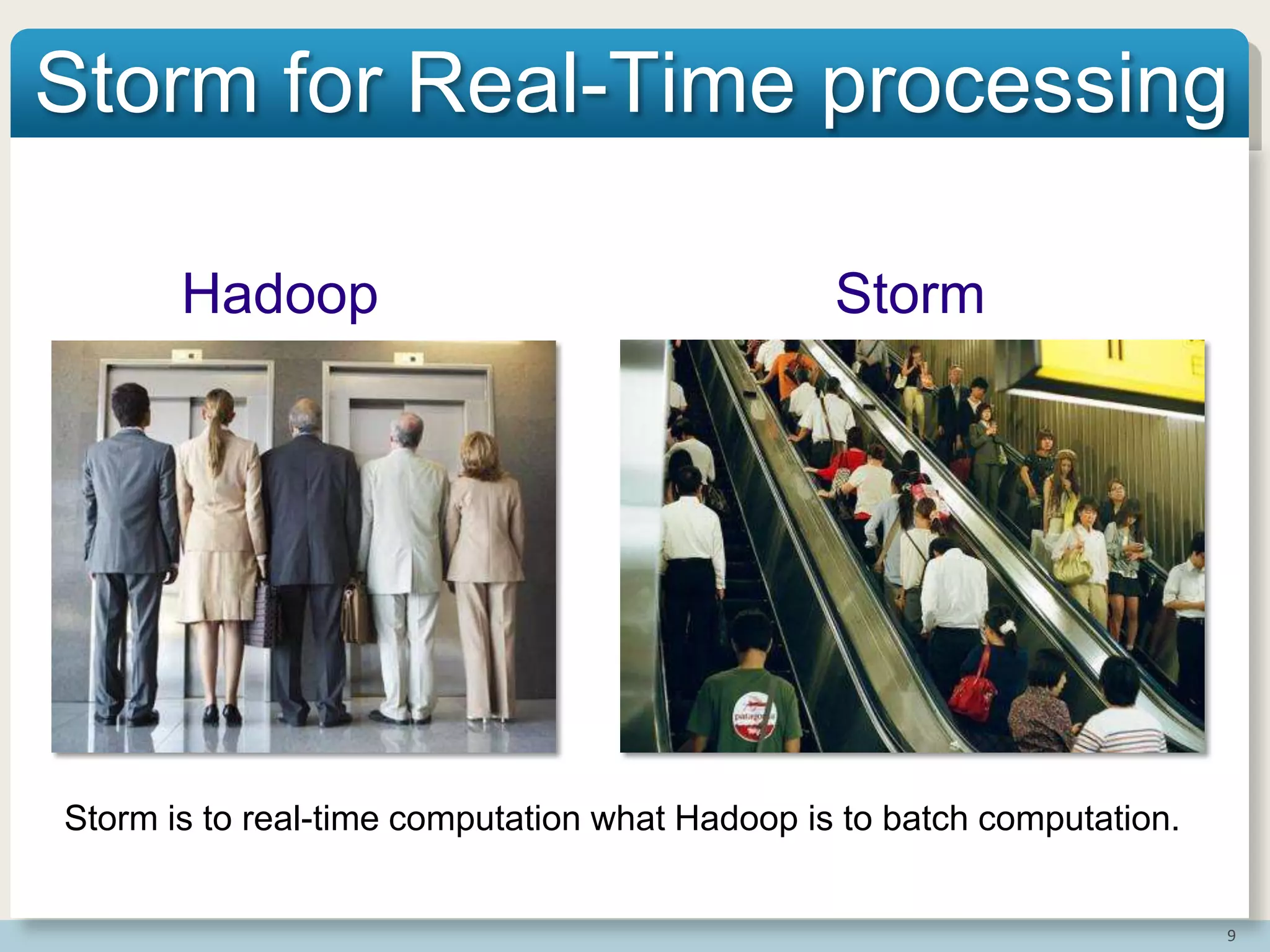 9
Hadoop Storm
Storm for Real-Time processing
Storm is to real-time computation what Hadoop is to batch computation.
 