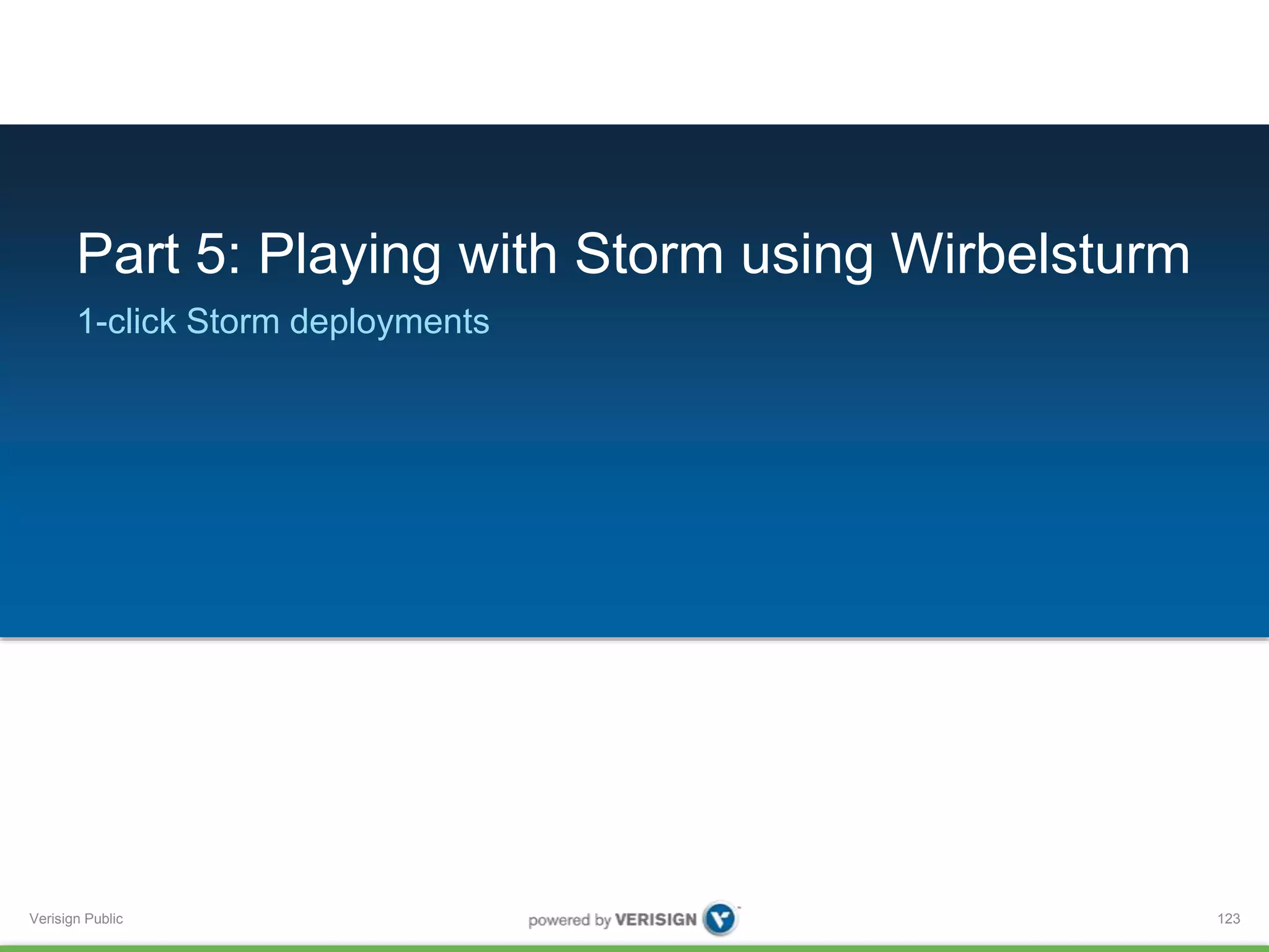 Part 5: Playing with Storm using Wirbelsturm 
1-click Storm deployments 
Verisign Public 
123 
 
