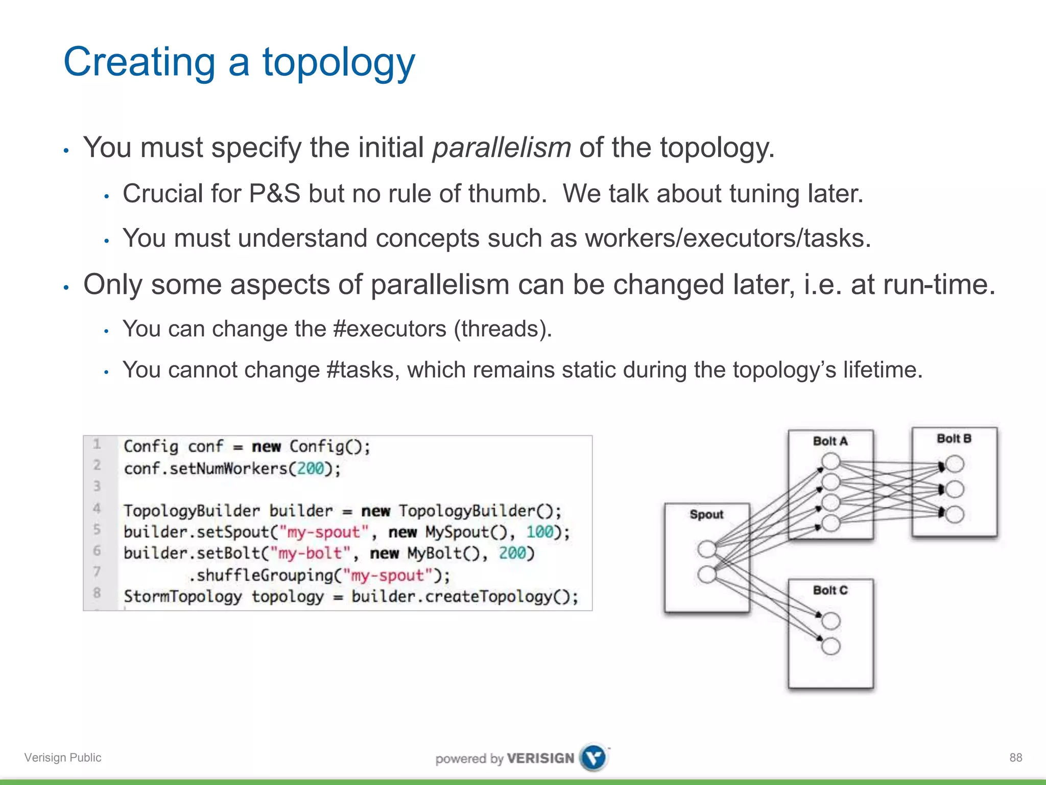 Creating a topology 
• You must specify the initial parallelism of the topology. 
Verisign Public 
• Crucial for P&S but no rule of thumb. We talk about tuning later. 
• You must understand concepts such as workers/executors/tasks. 
• Only some aspects of parallelism can be changed later, i.e. at run-time. 
• You can change the #executors (threads). 
• You cannot change #tasks, which remains static during the topology’s lifetime. 
88 
 