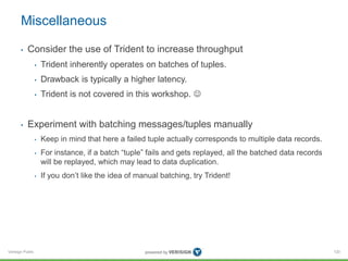 Miscellaneous 
• Consider the use of Trident to increase throughput 
Verisign Public 
• Trident inherently operates on batches of tuples. 
• Drawback is typically a higher latency. 
• Trident is not covered in this workshop.  
• Experiment with batching messages/tuples manually 
• Keep in mind that here a failed tuple actually corresponds to multiple data records. 
• For instance, if a batch “tuple” fails and gets replayed, all the batched data records 
will be replayed, which may lead to data duplication. 
• If you don’t like the idea of manual batching, try Trident! 
120 
 