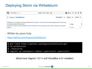 Deploying Storm via Wirbelsturm 
• Written by yours truly 
• https://github.com/miguno/wirbelsturm 
Verisign Public 
124 
$ git clone https://github.com/miguno/wirbelsturm.git 
$ cd wirbelsturm 
$ ./bootstrap 
$ vagrant up zookeeper1 nimbus1 supervisor1 supervisor2 
(Must have Vagrant 1.6.1+ and VirtualBox 4.3+ installed.) 
 