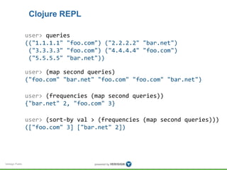 Verisign Public 
Clojure REPL 
user> queries 
(("1.1.1.1" "foo.com") ("2.2.2.2" "bar.net") 
("3.3.3.3" "foo.com") ("4.4.4.4" "foo.com") 
("5.5.5.5" "bar.net")) 
user> (map second queries) 
("foo.com" "bar.net" "foo.com" "foo.com" "bar.net") 
user> (frequencies (map second queries)) 
{"bar.net" 2, "foo.com" 3} 
user> (sort-by val > (frequencies (map second queries))) 
(["foo.com" 3] ["bar.net" 2]) 
 