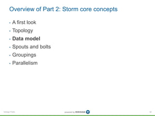 Overview of Part 2: Storm core concepts 
• A first look 
• Topology 
• Data model 
• Spouts and bolts 
• Groupings 
• Parallelism 
Verisign Public 
42 
 
