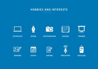 TECHNOLOGY
HOBBIES AND INTERESTS
PHOTOGRAPHING
DRAWING
READING
EVENTS TRAVELINGPODCASTING
TRAININGDESIGN
WRITING
 