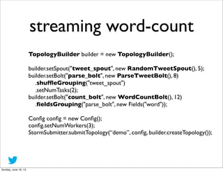 streaming word-count
TopologyBuilder builder = new TopologyBuilder();
builder.setSpout("tweet_spout", new RandomTweetSpout...