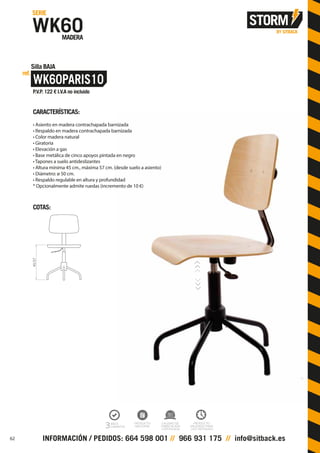 CARACTERÍSTICAS:
• Asiento en madera contrachapada barnizada
• Respaldo en madera contrachapada barnizada
• Color madera natural
• Giratoria
• Elevación a gas
• Base metálica de cinco apoyos pintada en negro
• Tapones a suelo antideslizantes
• Altura mínima 45 cm., máxima 57 cm. (desde suelo a asiento)
• Diámetro: ø 50 cm.
• Respaldo regulable en altura y profundidad
* Opcionalmente admite ruedas (incremento de 10 €)
COTAS:
45/57
62
 