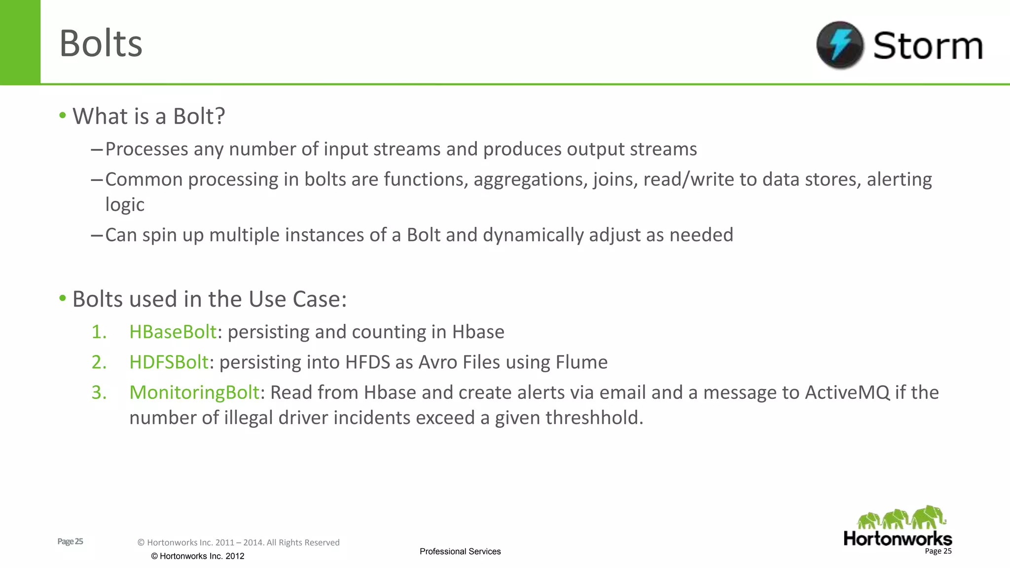 Page25 © Hortonworks Inc. 2011 – 2014. All Rights Reserved
© Hortonworks Inc. 2012
Professional Services
Bolts
• What is a Bolt?
–Processes any number of input streams and produces output streams
–Common processing in bolts are functions, aggregations, joins, read/write to data stores, alerting
logic
–Can spin up multiple instances of a Bolt and dynamically adjust as needed
• Bolts used in the Use Case:
1. HBaseBolt: persisting and counting in Hbase
2. HDFSBolt: persisting into HFDS as Avro Files using Flume
3. MonitoringBolt: Read from Hbase and create alerts via email and a message to ActiveMQ if the
number of illegal driver incidents exceed a given threshhold.
Page 25
 