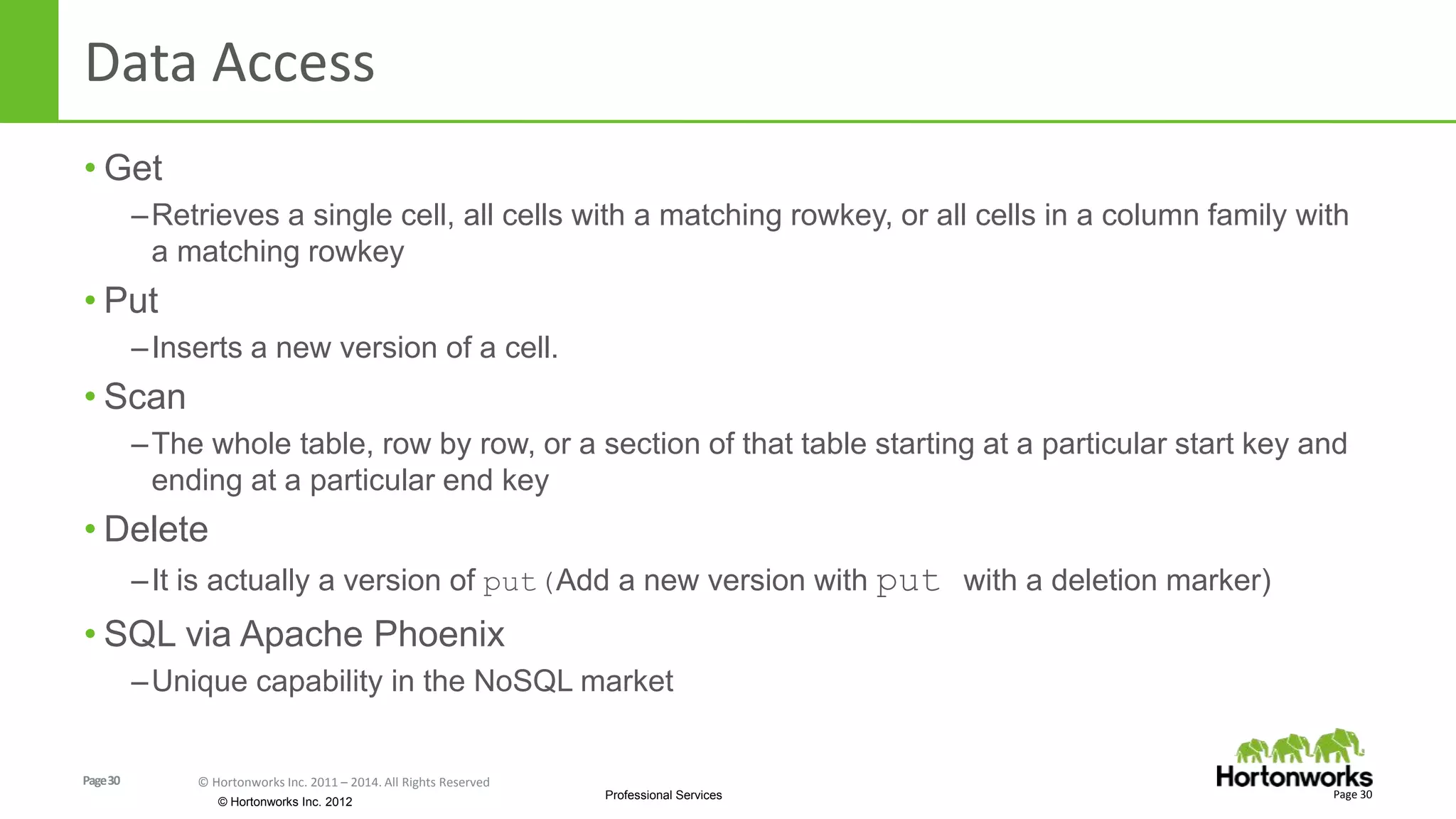 Page30 © Hortonworks Inc. 2011 – 2014. All Rights Reserved
© Hortonworks Inc. 2012
Professional Services
Data Access
• Get
–Retrieves a single cell, all cells with a matching rowkey, or all cells in a column family with
a matching rowkey
• Put
–Inserts a new version of a cell.
• Scan
–The whole table, row by row, or a section of that table starting at a particular start key and
ending at a particular end key
• Delete
–It is actually a version of put(Add a new version with put with a deletion marker)
• SQL via Apache Phoenix
–Unique capability in the NoSQL market
Page 30
 