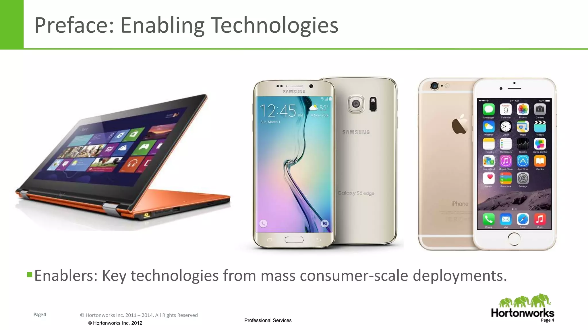 Page4 © Hortonworks Inc. 2011 – 2014. All Rights Reserved
© Hortonworks Inc. 2012
Professional Services
Preface: Enabling Technologies
Page 4
Enablers: Key technologies from mass consumer-scale deployments.
 