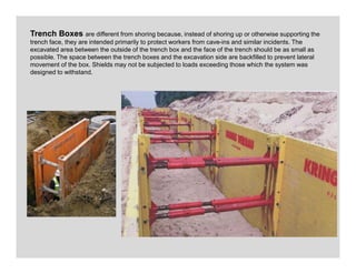 Trench Boxes are different from shoring because, instead of shoring up or otherwise supporting the
trench face, they are intended primarily to protect workers from cave-ins and similar incidents. The
excavated area between the outside of the trench box and the face of the trench should be as small as
possible. The space between the trench boxes and the excavation side are backfilled to prevent lateral
movement of the box. Shields may not be subjected to loads exceeding those which the system was
designed to withstand.
 