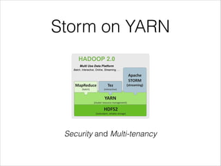 Storm on YARN
HDFS2	
  
(redundant,	
  reliable	
  storage)
YARN	
  
(cluster	
  resource	
  management)
MapReduce
(batch)
Apache	
   
STORM	
  
(streaming)
HADOOP 2.0
Tez	
  
(interactive)
Multi Use Data Platform
Batch, Interactive, Online, Streaming, …
Security and Multi-tenancy
 