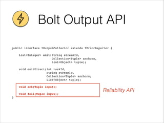 Bolt Output API
public interface IOutputCollector extends IErrorReporter {!
!
List<Integer> emit(String streamId, !
Collection<Tuple> anchors, !
List<Object> tuple);!
! !
void emitDirect(int taskId, !
String streamId, !
Collection<Tuple> anchors, !
List<Object> tuple);!
! !
void ack(Tuple input);!
! !
void fail(Tuple input);!
}
Reliability API
 