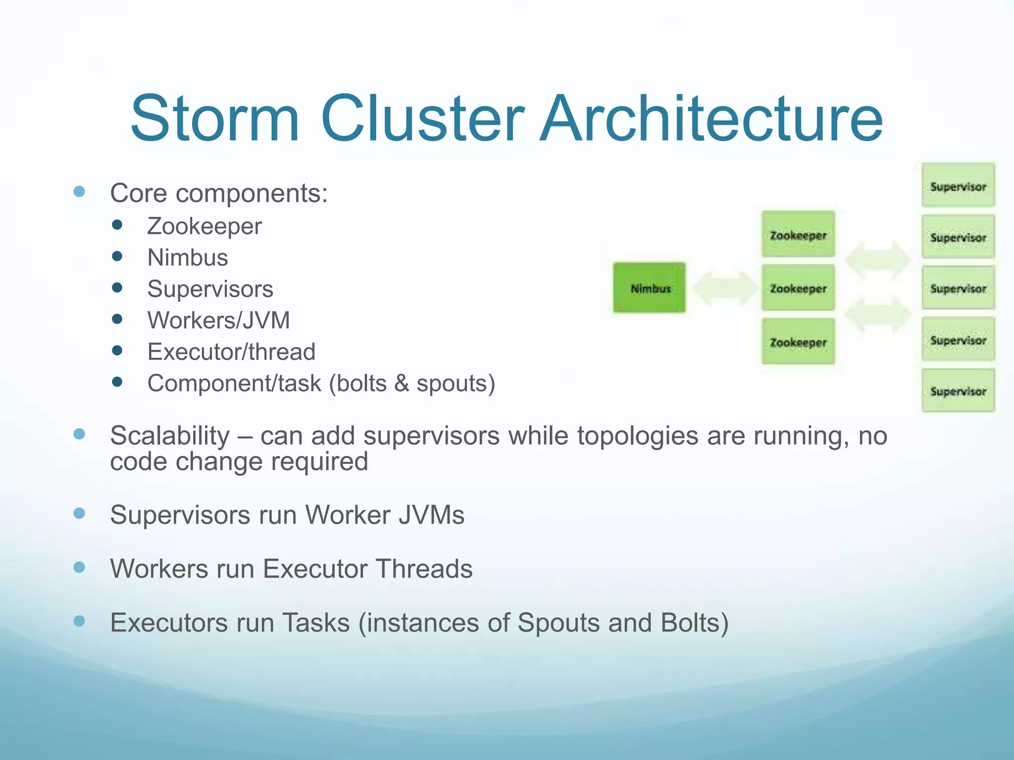 Storm Cluster Architecture
 Core components:
 Zookeeper
 Nimbus
 Supervisors
 Workers/JVM
 Executor/thread
 Component/task (bolts & spouts)
 Scalability – can add supervisors while topologies are running, no
code change required
 Supervisors run Worker JVMs
 Workers run Executor Threads
 Executors run Tasks (instances of Spouts and Bolts)
 