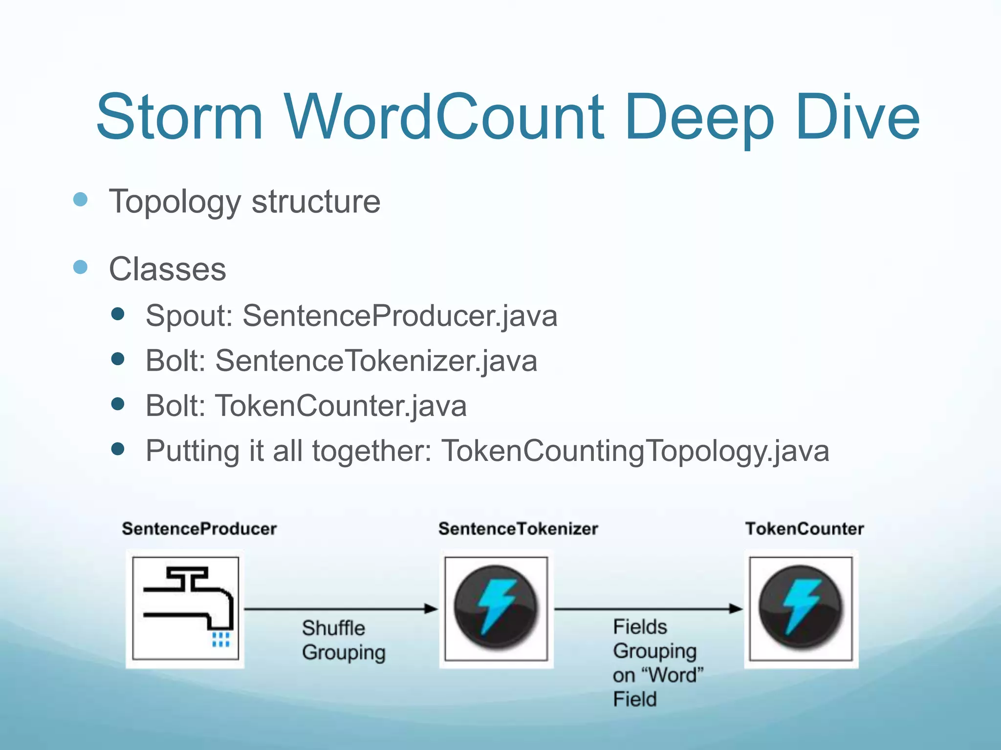 Storm WordCount Deep Dive
 Topology structure
 Classes
 Spout: SentenceProducer.java
 Bolt: SentenceTokenizer.java
 Bolt: TokenCounter.java
 Putting it all together: TokenCountingTopology.java
 