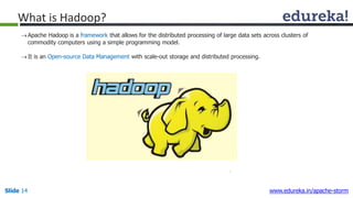 What is Hadoop?
Apache Hadoop is a framework that allows for the distributed processing of large data sets across clusters of
commodity computers using a simple programming model.
It is an Open-source Data Management with scale-out storage and distributed processing.
Slide 14 www.edureka.in/apache-storm
 
