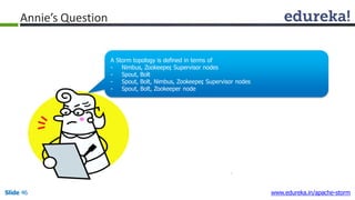 Annie’s Question
A Storm topology is defined in terms of
- Nimbus, Zookeeper, Supervisor nodes
- Spout, Bolt
- Spout, Bolt, Nimbus, Zookeeper, Supervisor nodes
- Spout, Bolt, Zookeeper node
Slide 46 www.edureka.in/apache-storm
 