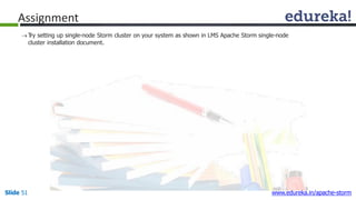 Assignment
Slide 51 www.edureka.in/apache-storm
Try setting up single-node Storm cluster on your system as shown in LMS Apache Storm single-node
cluster installation document.
 