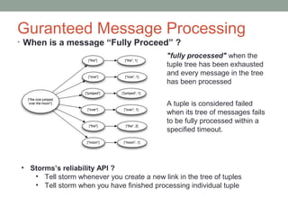 Guranteed Message Processing
• When is a message “Fully Proceed” ?
"fully processed" when the
tuple tree has been exhausted
and every message in the tree
has been processed
A tuple is considered failed
when its tree of messages fails
to be fully processed within a
specified timeout.
• Storms’s reliability API ?
• Tell storm whenever you create a new link in the tree of tuples
• Tell storm when you have finished processing individual tuple
 