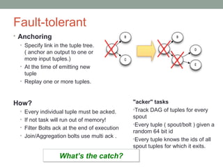 Fault-tolerant
• Anchoring
• Specify link in the tuple tree.
( anchor an output to one or
more input tuples.)
• At the time of emitting new
tuple
• Replay one or more tuples.
"acker" tasks
•Track DAG of tuples for every
spout
•Every tuple ( spout/bolt ) given a
random 64 bit id
•Every tuple knows the ids of all
spout tuples for which it exits.
How?
• Every individual tuple must be acked.
• If not task will run out of memory!
• Filter Bolts ack at the end of execution
• Join/Aggregation bolts use multi ack .
What’s the catch?What’s the catch?
 