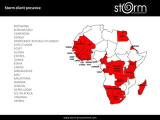 www.storm-procurement.com
Storm client presence
BOTSWANA
BURKINA FASO
CAMEROON
CONGO
DEMOCRATIC REPUBLIC OF CONGO
COTE D’IVOIRE
EGYPT
GUINEA
ERITREA
GHANA
KENYA
LIBERIA
MADAGASCAR
MALI
MAURITANIA
NAMIBIA
SENEGAL
SIERRA LEONE
SOUTH AFRICA
TANZANIA
ZAMBIA
 