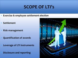  Exercise & employee settlement election
 Settlement
 Risk management
 Quantification of awards
 Leverage of LTI instruments
 Disclosure and reporting
SCOPE OF LTI’s
 