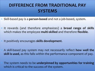 Skill-based pay is a person-based and not a job-based, system.
 It rewards (and therefore emphasizes) a broad range of skills
which makes the employee multi-skilled and therefore flexible.
 It positively encourages skills development.
 A skill-based pay system may not necessarily reflect how well the
skill is used, as this falls within the performance component of pay.
 The system needs to be underpinned by opportunities for training
which is critical to the success of the system.
DIFFERENCE FROM TRADITIONAL PAY
SYSTEMS
 
