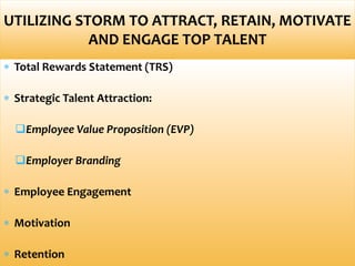  Total Rewards Statement (TRS)
 Strategic Talent Attraction:
Employee Value Proposition (EVP)
Employer Branding
 Employee Engagement
 Motivation
 Retention
UTILIZING STORM TO ATTRACT, RETAIN, MOTIVATE
AND ENGAGE TOP TALENT
 