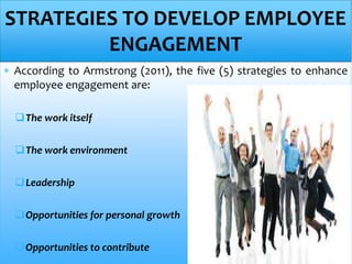  According to Armstrong (2011), the five (5) strategies to enhance
employee engagement are:
The work itself
The work environment
Leadership
Opportunities for personal growth
Opportunities to contribute
STRATEGIES TO DEVELOP EMPLOYEE
ENGAGEMENT
 