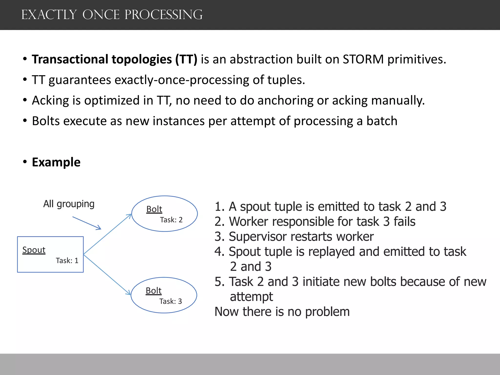 exactly once processing
• Transactional topologies (TT) is an abstraction built on STORM primitives.
• TT guarantees exactly-once-processing of tuples.
• Acking is optimized in TT, no need to do anchoring or acking manually.
• Bolts execute as new instances per attempt of processing a batch
• Example
All grouping
Spout
Task: 1
Bolt
Task: 2
Bolt
Task: 3
1. A spout tuple is emitted to task 2 and 3
2. Worker responsible for task 3 fails
3. Supervisor restarts worker
4. Spout tuple is replayed and emitted to task
2 and 3
5. Task 2 and 3 initiate new bolts because of new
attempt
Now there is no problem
 