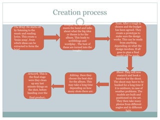 Creation process 
The Brief. He starts off 
by listening to the 
music and reading 
lyrics. This create a 
‘brain soup’, from 
which ideas can be 
extracted to form the 
brief. 
Roughs. He then again 
meets the band and talks 
about what the big idea 
or theme is for the 
album. This leads to 
scribblings and 
wordplay . The best of 
these are turned into the 
‘roughs’. 
Shoot. They will now 
research and book a 
location for the shoot. 
The shoot may have to be 
booked for a long time if 
it is outdoors, in case of 
weather problems. The 
models are built and 
positioned on the set. 
They then take many 
photos from different 
angles and in different 
light. 
Editing. Here they 
choose the best shot 
for the album. This 
may take a long time 
depending on how 
many shots there are. 
Artwork. This is 
the final stage 
were they clean 
up any last 
minute things on 
the shot, before 
handing over the 
final product. 
Tests. After a rough is 
chosen and the budget 
has been agreed. They 
create a prototype to 
make sure the design 
works. This can be made 
from anything 
depending on what the 
design involves. If all 
goes to plan a final 
model will be made. 
 