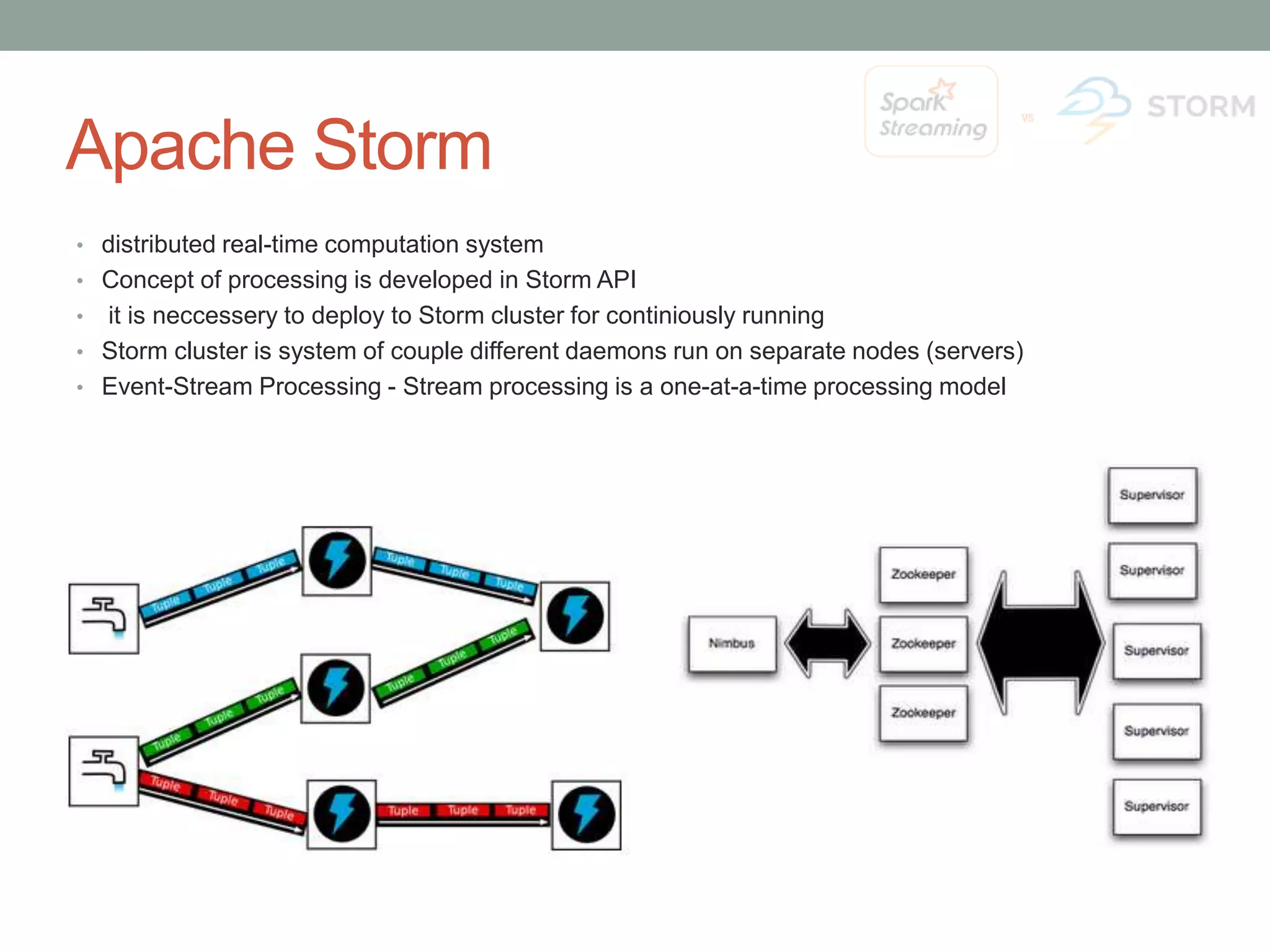 Apache Storm • distributed real-time computation system • Concept of processing is developed in Storm API • it is neccessery to deploy to Storm cluster for continiously running • Storm cluster is system of couple different daemons run on separate nodes (servers) • Event-Stream Processing - Stream processing is a one-at-a-time processing model 