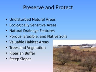 Preserve and Protect
13
• Undisturbed Natural Areas
• Ecologically Sensitive Areas
• Natural Drainage Features
• Porous, Erodible, and Native Soils
• Valuable Habitat Areas
• Trees and Vegetation
• Riparian Buffer
• Steep Slopes
 