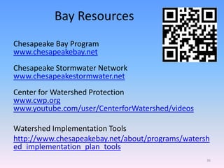Bay Resources
Chesapeake Bay Program
www.chesapeakebay.net
Chesapeake Stormwater Network
www.chesapeakestormwater.net
Center for Watershed Protection
www.cwp.org
www.youtube.com/user/CenterforWatershed/videos
Watershed Implementation Tools
http://www.chesapeakebay.net/about/programs/watersh
ed_implementation_plan_tools
36
 