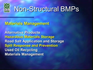 Non-StructuralNon-Structural BMPsBMPs
Materials ManagementMaterials Management
Alternative ProductsAlternative Products
Hazardous Materials StorageHazardous Materials Storage
Road Salt Application and StorageRoad Salt Application and Storage
Spill Response and PreventionSpill Response and Prevention
Used Oil RecyclingUsed Oil Recycling
Materials ManagementMaterials Management
 