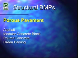 StructuralStructural BMPsBMPs
Porous PavementPorous Pavement
AsphaltAsphalt
Modular Concrete BlockModular Concrete Block
Poured ConcretePoured Concrete
Green ParkingGreen Parking
 