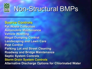 Non-StructuralNon-Structural BMPsBMPs
Source ControlsSource Controls
Pet Waste CollectionPet Waste Collection
Automobile MaintenanceAutomobile Maintenance
Vehicle WashingVehicle Washing
Illegal Dumping ControlIllegal Dumping Control
Landscaping and Lawn CareLandscaping and Lawn Care
Pest ControlPest Control
Parking Lot and Street CleaningParking Lot and Street Cleaning
Roadway and Bridge MaintenanceRoadway and Bridge Maintenance
Septic System ControlsSeptic System Controls
Storm Drain System ControlsStorm Drain System Controls
Alternative Discharge Options for Chlorinated WaterAlternative Discharge Options for Chlorinated Water
 